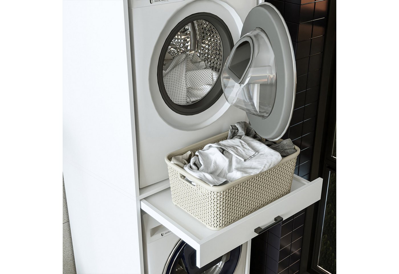 Roomart Waschmaschinenumbauschrank Waschplatz für Waschmaschine & Trockner mit Ausziehbrett & Hochschrank (Waschmaschinenschrank für Trockner und Waschmaschine Überbauschrank) Bild 3