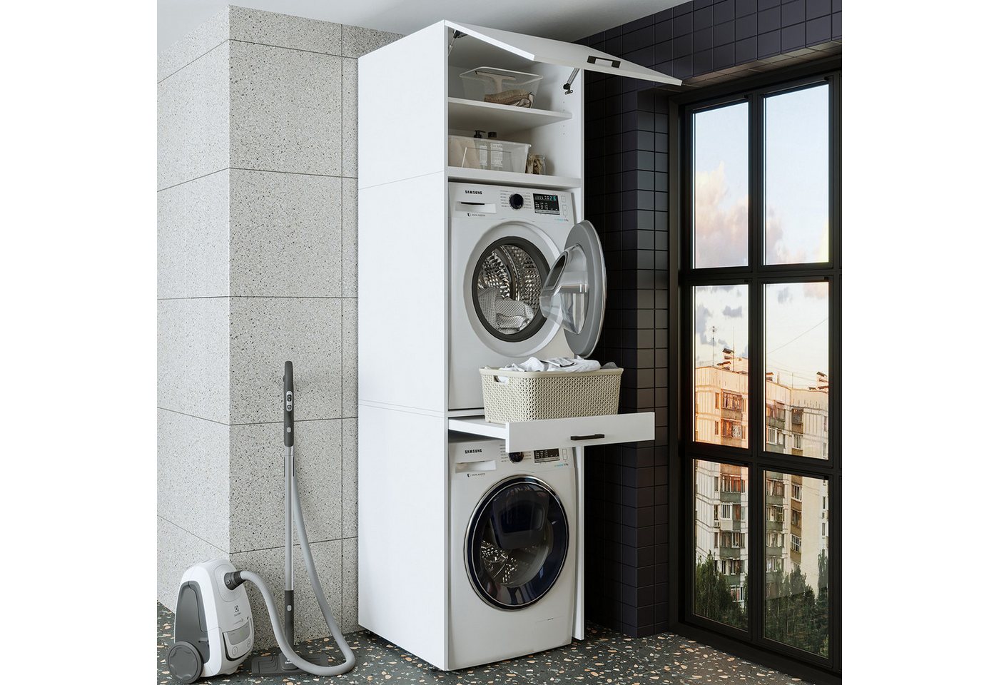 Roomart Waschmaschinenumbauschrank Waschplatz für Waschmaschine & Trockner mit Ausziehbrett & Hochschrank (Waschmaschinenschrank für Trockner und Waschmaschine Überbauschrank) Bild 5