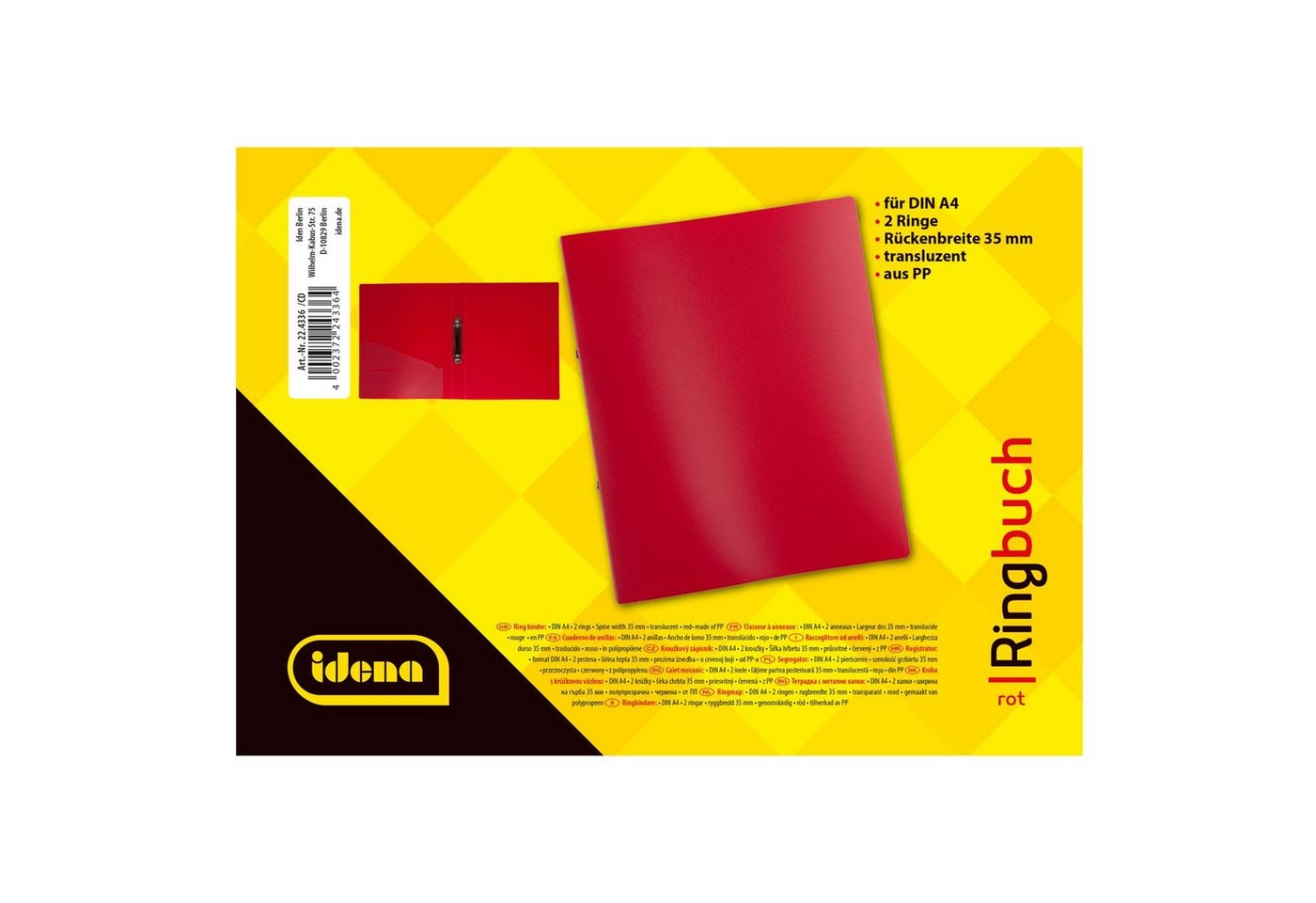 Idena Hefter Idena 224336 - Ringbuch DIN A4, aus PP, 2 Ringe, 35 mm Rückenbreite