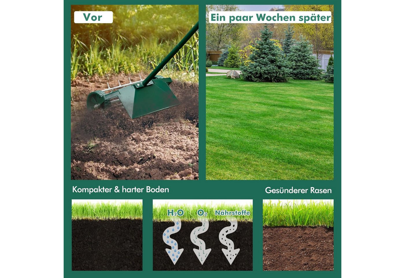 KOMFOTTEU Rasenlüfter, 46,00 cm Arbeitsbreite, mit 3cm Nägeln & breitem Schutzschild