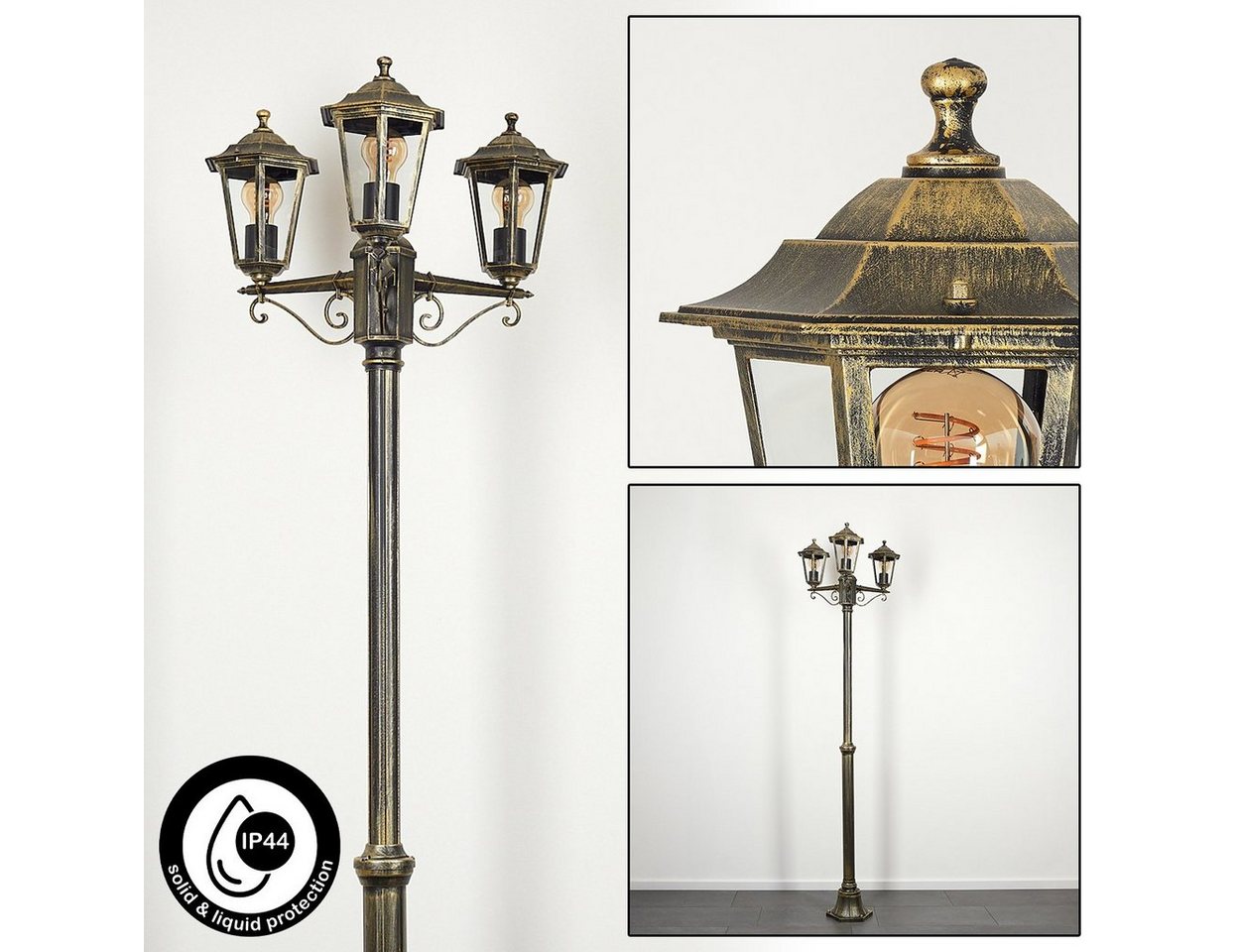 hofstein Außen-Stehlampe Wegeleuchte aus Metall/Glas in Goldfarben-Braun/Klar, ohne Leuchtmittel, Kandelaber, Gartenbeleuchtung IP44, 3xE27, ohne Leuchtmittel