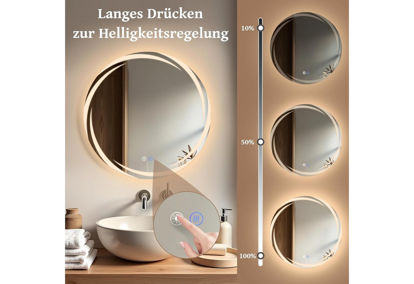 ZMH Badspiegel rund mit Beleuchtung, LED Badezimmerspiegel 3 Lichtfarben dimmbar, Touch-Schalter, Anti-Beschlag, Wandspiegel Bild 2