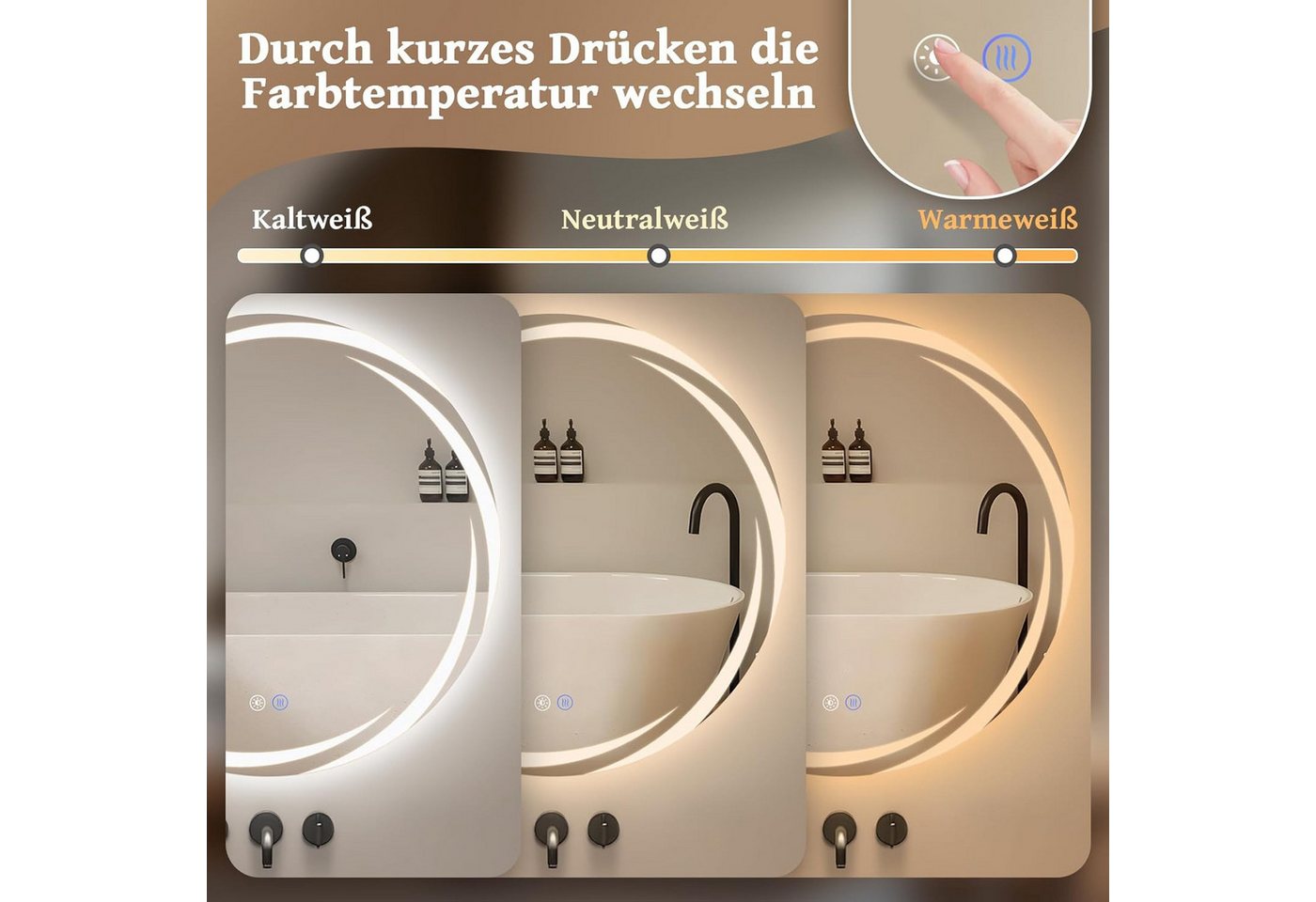 ZMH Badspiegel rund mit Beleuchtung, LED Badezimmerspiegel 3 Lichtfarben dimmbar, Touch-Schalter, Anti-Beschlag, Wandspiegel Bild 3