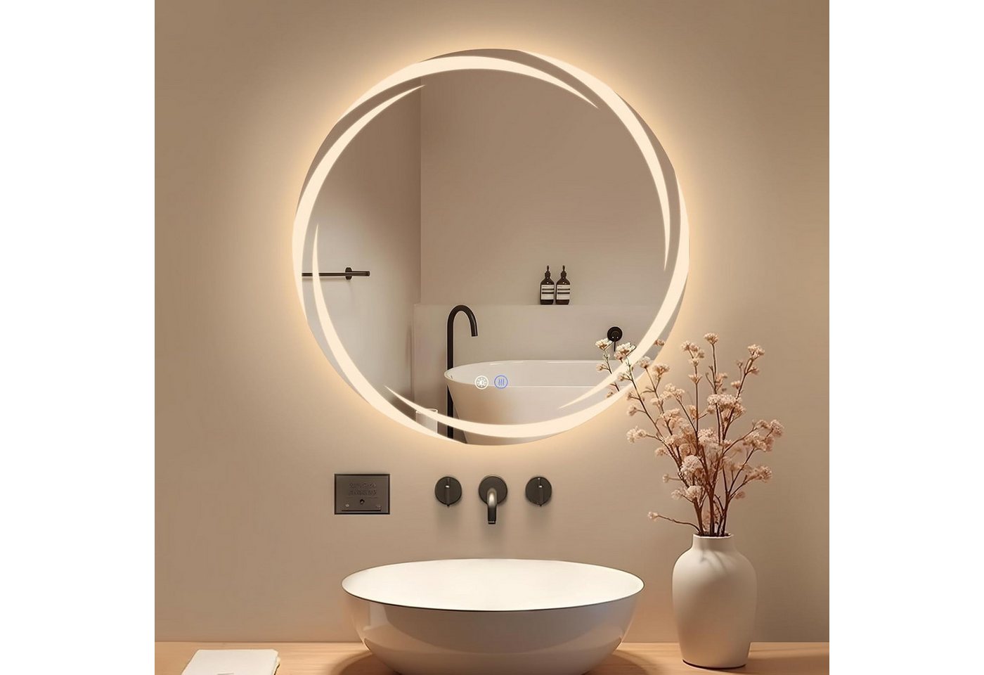 ZMH Badspiegel rund mit Beleuchtung, LED Badezimmerspiegel 3 Lichtfarben dimmbar, Touch-Schalter, Anti-Beschlag, Wandspiegel Bild 4