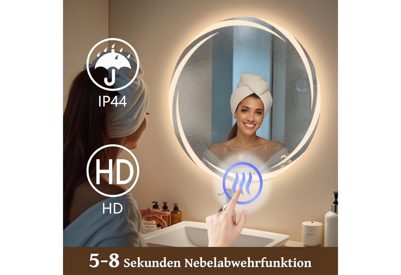 ZMH Badspiegel rund mit Beleuchtung, LED Badezimmerspiegel 3 Lichtfarben dimmbar, Touch-Schalter, Anti-Beschlag, Wandspiegel Bild 5