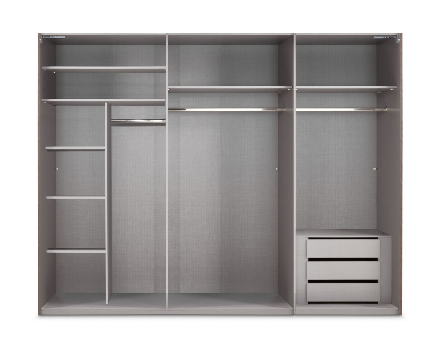 luma-home Schwebetürenschrank 22040 (3-türiger Kleiderschrank B300/H216/T65 cm mit Vollausstattung als optimale Stauraumlösung) Sandgrau mit Glasfront, Spiegeltür und schwarzen Griffleisten Bild 2