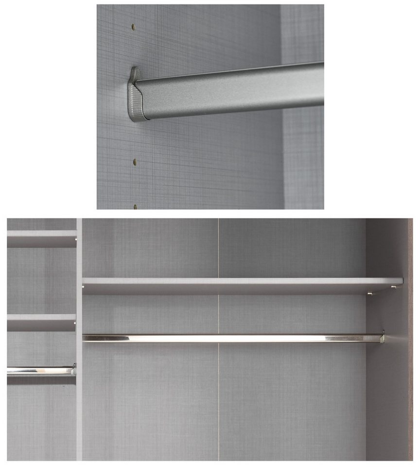 luma-home Schwebetürenschrank 22040 (3-türiger Kleiderschrank B300/H216/T65 cm mit Vollausstattung als optimale Stauraumlösung) Sandgrau mit Glasfront, Spiegeltür und schwarzen Griffleisten Bild 3