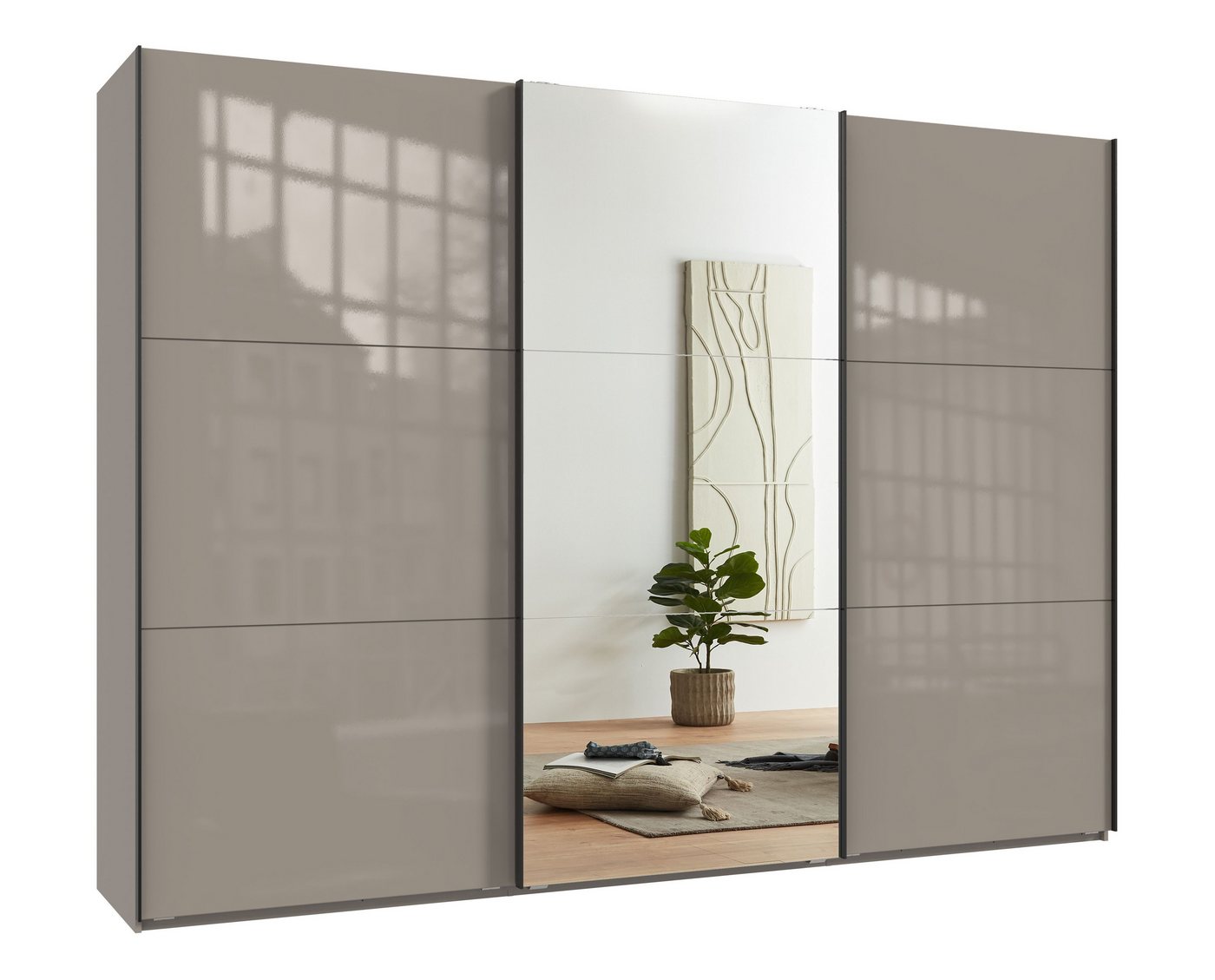 luma-home Schwebetürenschrank 22040 (3-türiger Kleiderschrank B300/H216/T65 cm mit Vollausstattung als optimale Stauraumlösung) Sandgrau mit Glasfront, Spiegeltür und schwarzen Griffleisten Bild 4
