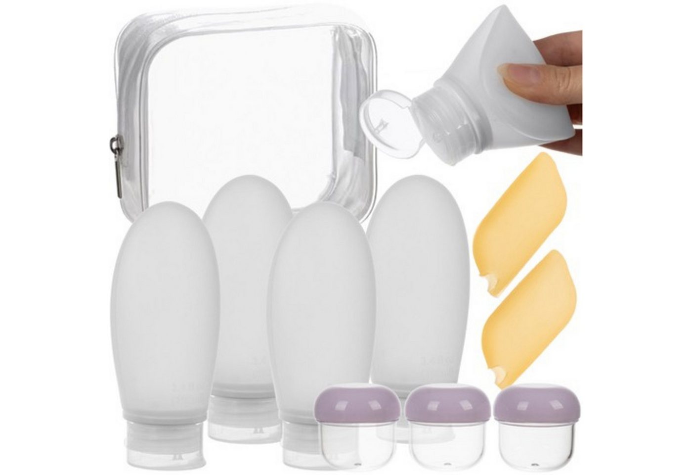 Trizand Seifenspender Reisekosmetiktasche 10-teilig handgepäcktauglich, kompakt, (Reisekosmetiktasche mit flexiblen Flaschen und Cremebehältern, 10-tlg., Komplettes Kosmetikset für Reisen, handgepäcktauglich auslaufsicher), Auslaufsichere Behälter transparente Tasche perfekt für Flugreisen