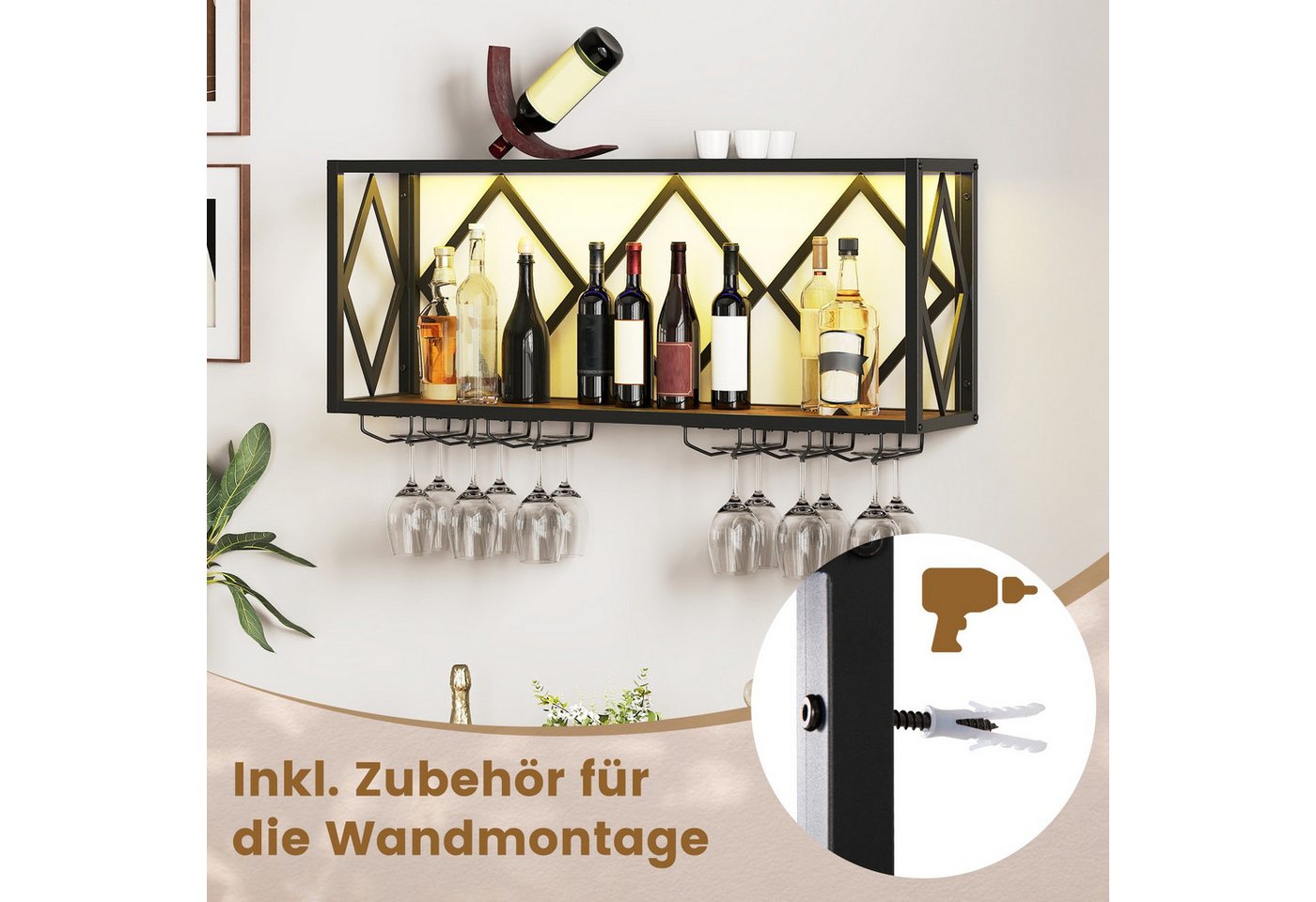COSTWAY Weinregal, Wand mit LED, 2 Ebenen Flaschenregal Holz für 39 Flaschen
