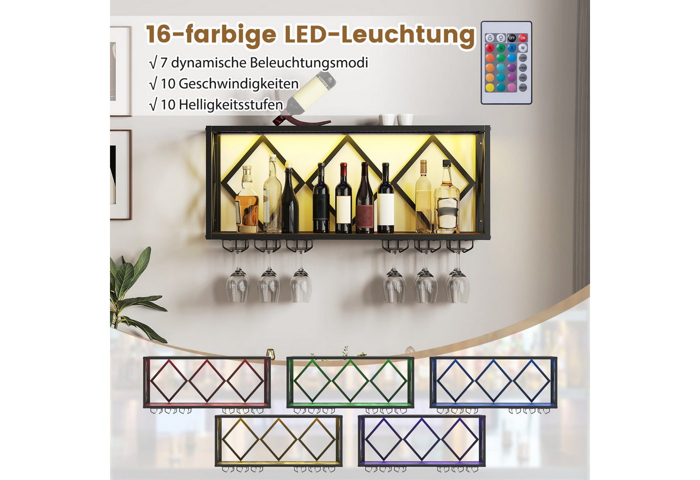 COSTWAY Weinregal, Wand mit LED, 2 Ebenen Flaschenregal Holz für 39 Flaschen Bild 2