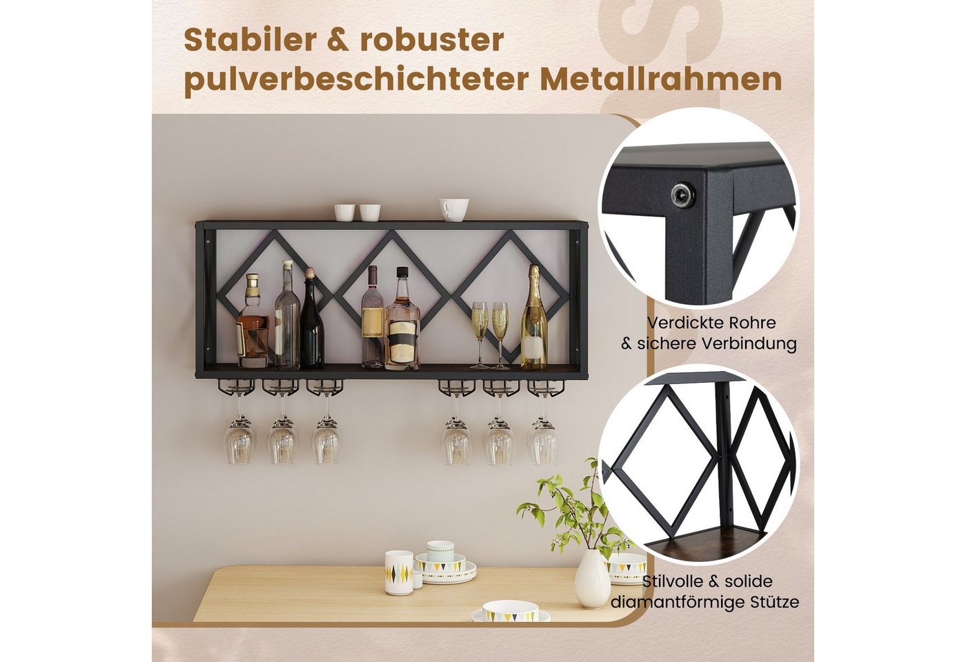 COSTWAY Weinregal, Wand mit LED, 2 Ebenen Flaschenregal Holz für 39 Flaschen Bild 4