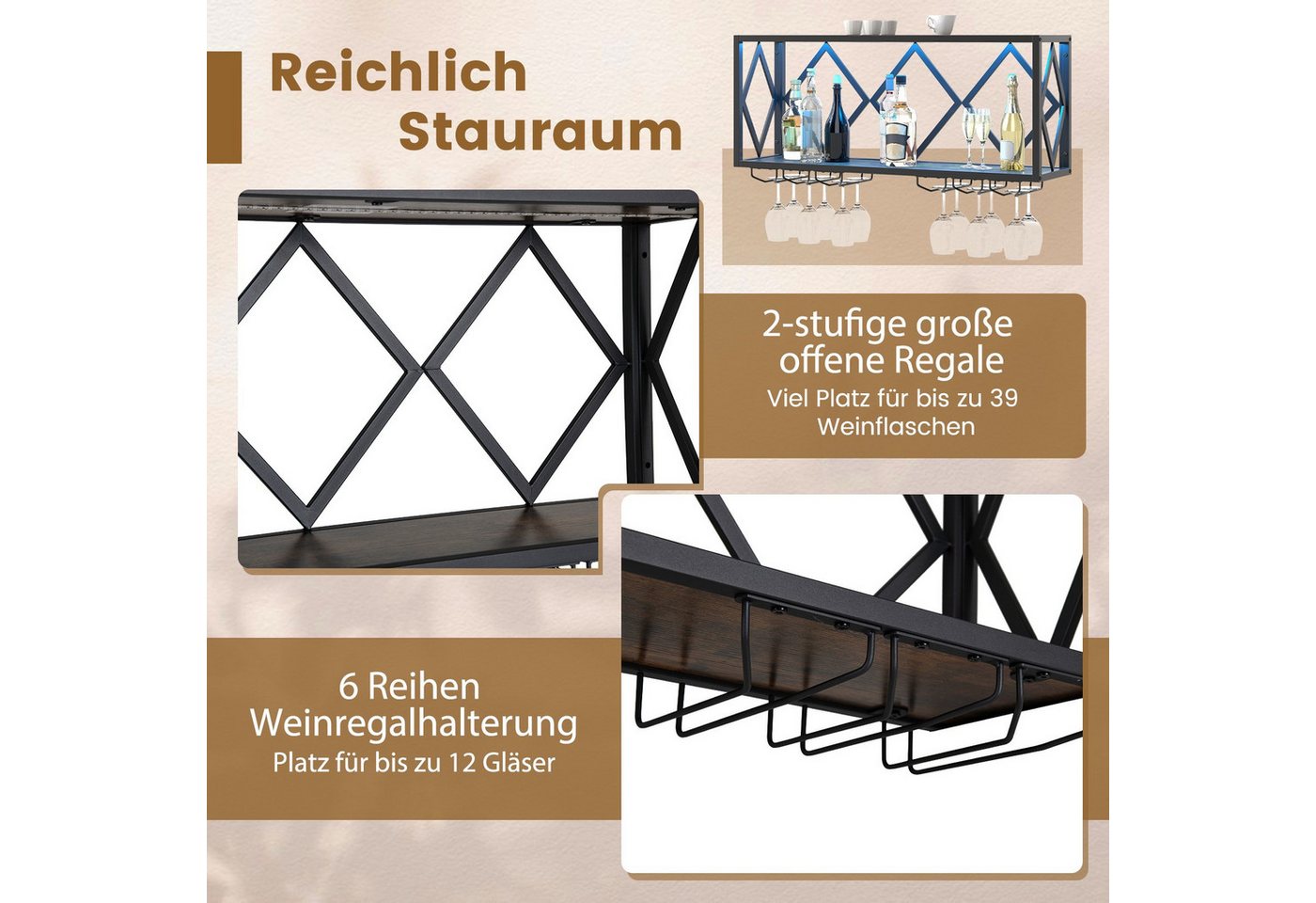 COSTWAY Weinregal, Wand mit LED, 2 Ebenen Flaschenregal Holz für 39 Flaschen Bild 5