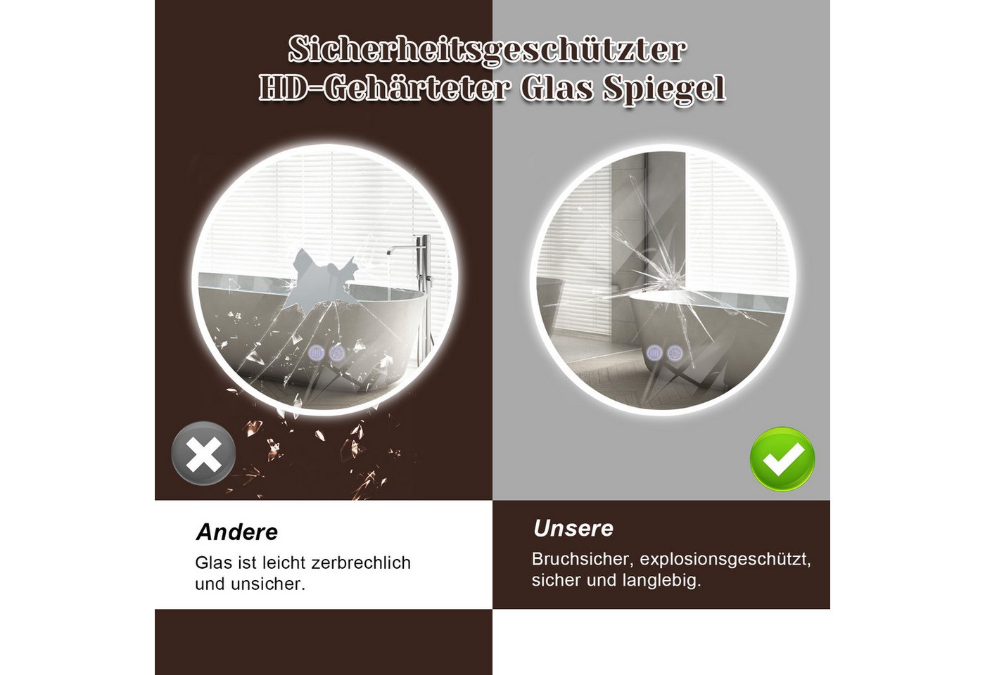 Nettlife Badspiegel spiegel Beleuchtung Rund 50/60/70/80cm Entfogger Funktion, zimmerspiegel mit Touch-Schalter und Entfogger-Funktion Bild 4