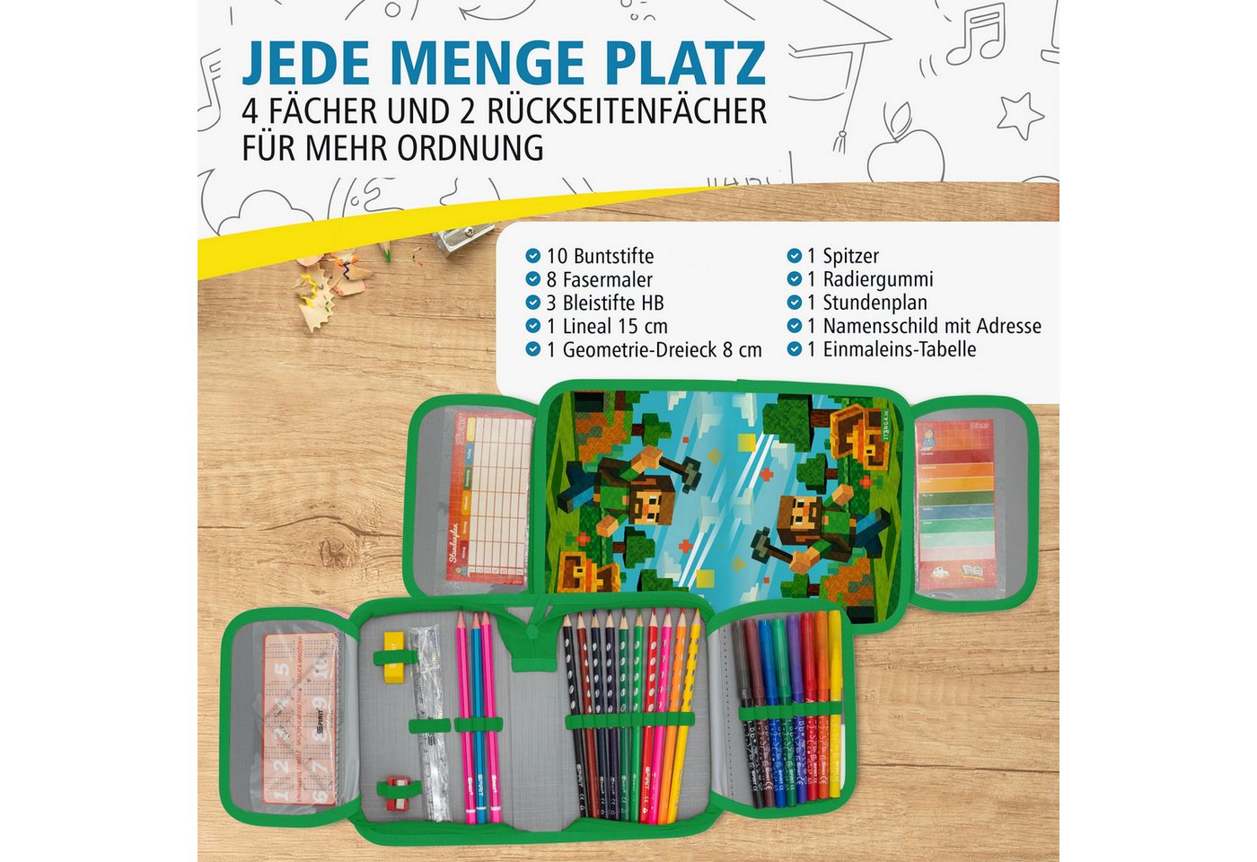 itenga Federmäppchen itenga Schüler-Etui Mäppchen Blockgame Pixel 28 teilig (gefüllt) 1-Zip