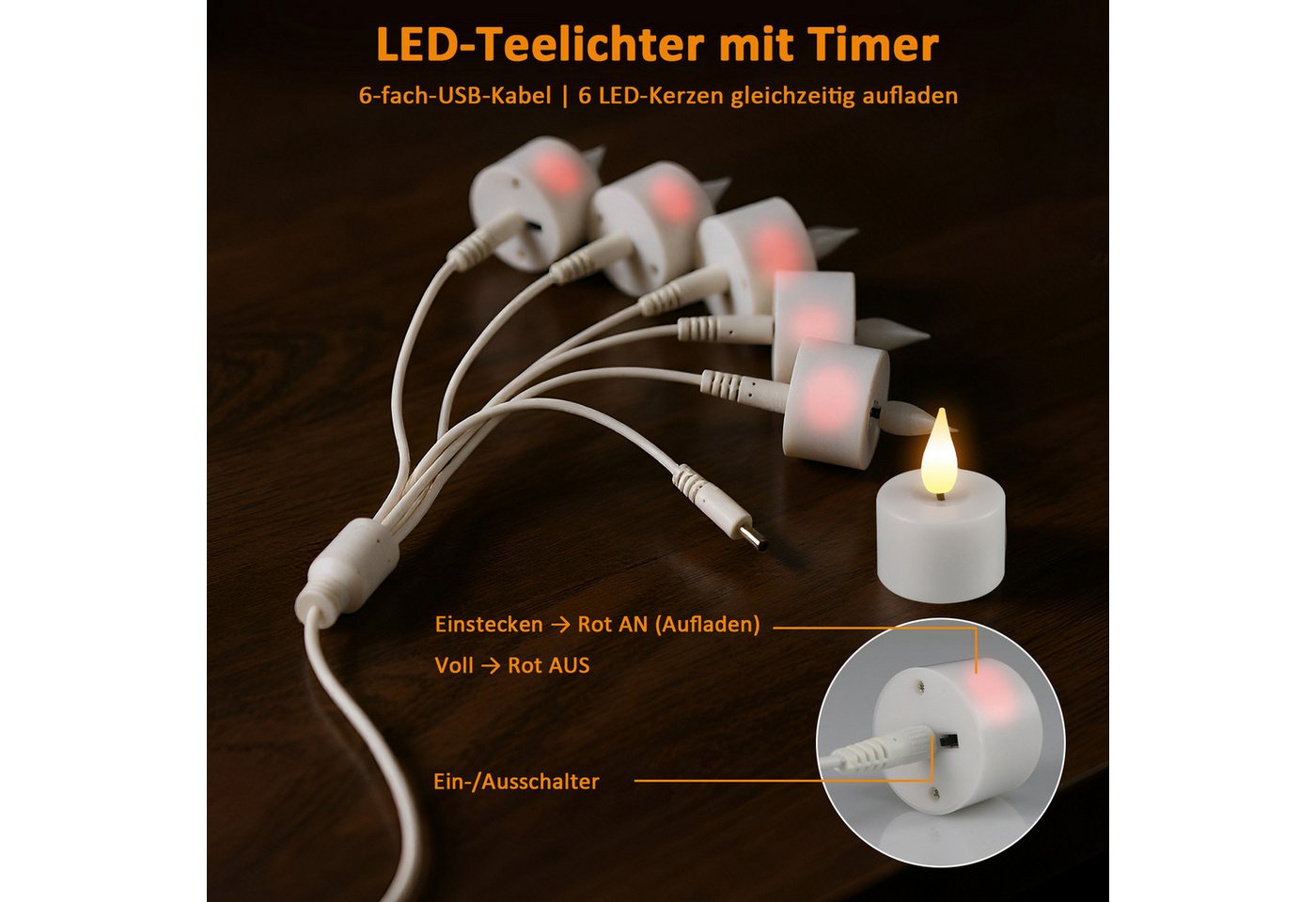 OZAVO LED-Teelichter 6/12er set Aufladbar LED Teelichter mit Timer Fernbedienung USB-Kabel, warmweiß, Flammenlose LED Teelichter Dimmbar für Hochzeiten Partys Bild 2