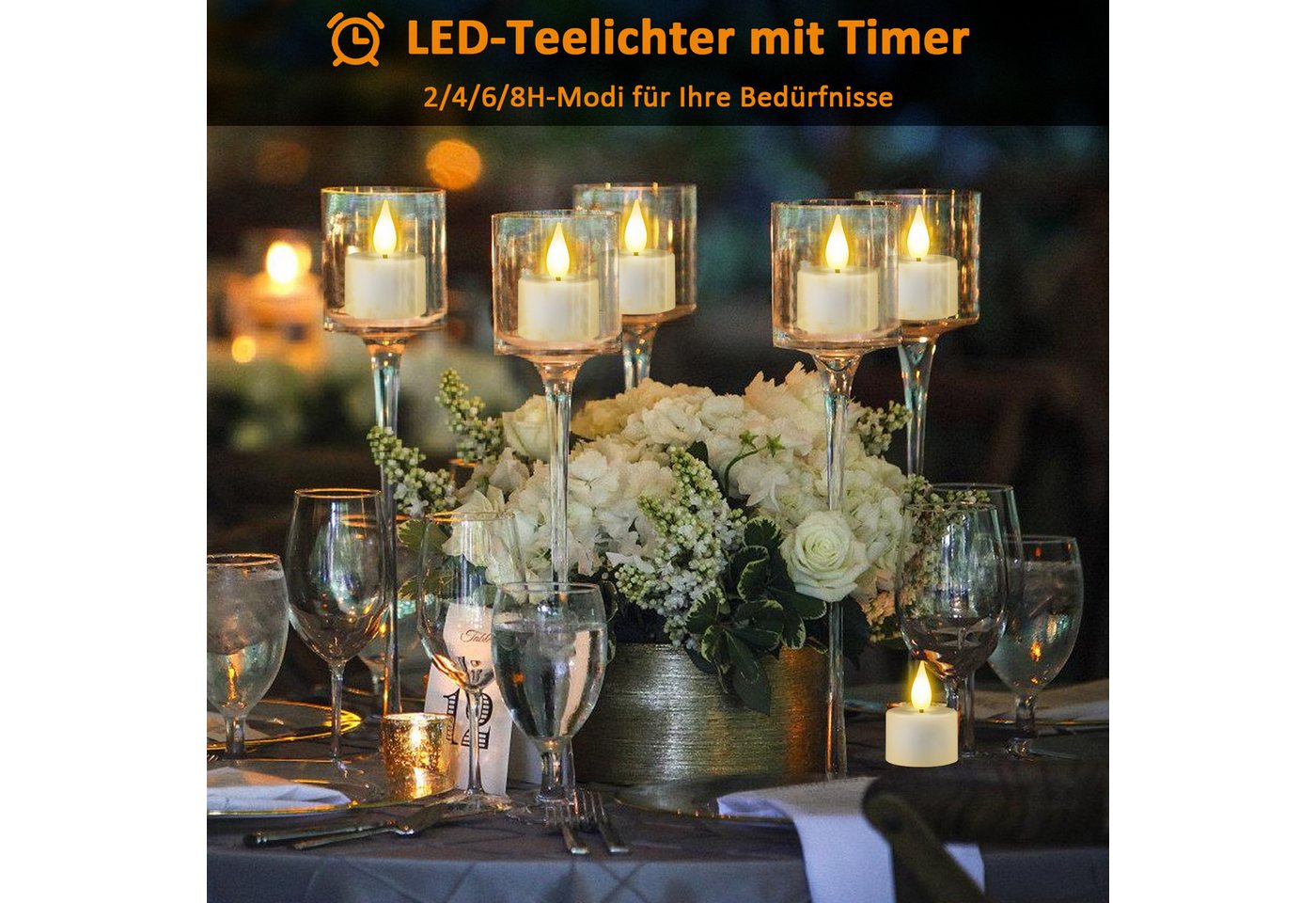 OZAVO LED-Teelichter 6/12er set Aufladbar LED Teelichter mit Timer Fernbedienung USB-Kabel, warmweiß, Flammenlose LED Teelichter Dimmbar für Hochzeiten Partys Bild 3