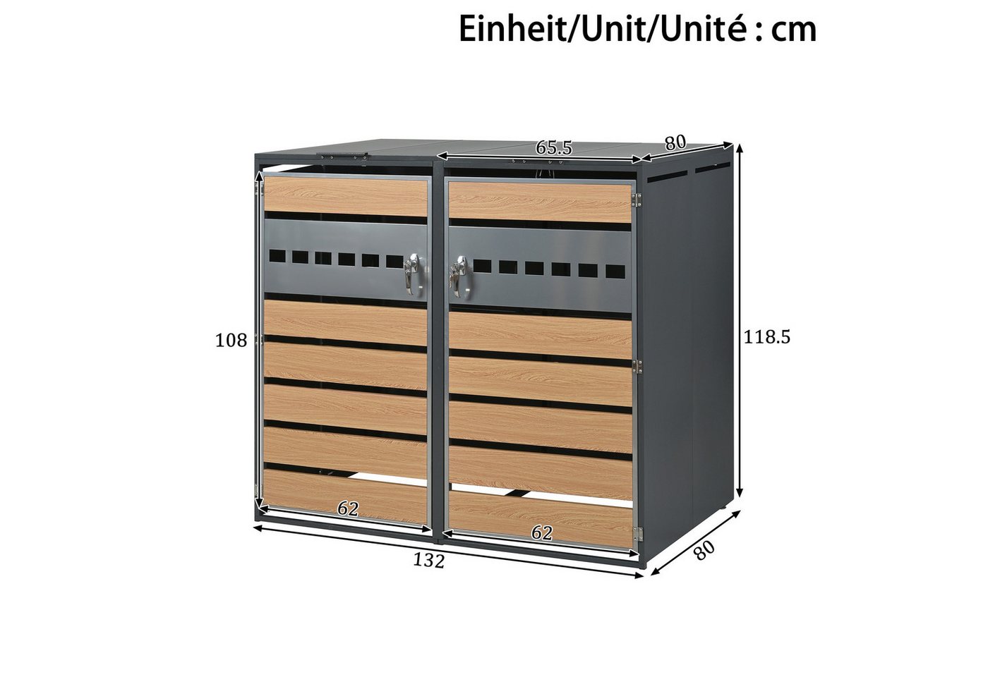 Merax Mülltonnenbox abschließbar mit Klappdeckel aus verzinktem Stahl (1 St), 2 Fächer Mülltonnenverkleidung, Holzoptik mit belüfteter Türfront Bild 2