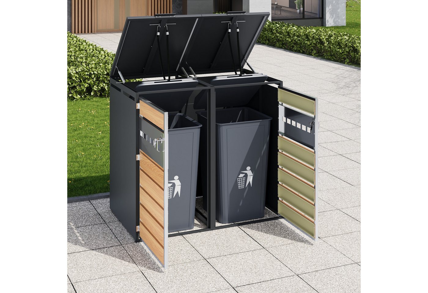 Merax Mülltonnenbox abschließbar mit Klappdeckel aus verzinktem Stahl (1 St), 2 Fächer Mülltonnenverkleidung, Holzoptik mit belüfteter Türfront Bild 4