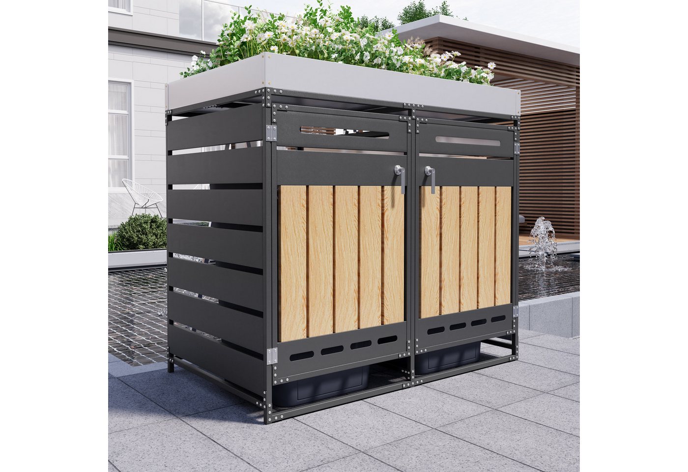 Merax Mülltonnenbox Abschließbar mit Pflanzkasten & vertikaler Holzmaserung für 2 Tonnen (Wetterfester Garten Aufbewahrungsschrank für Außenbereich, 1 St), 2 Fächer Mülltonnenverkleidung mit Belüftungsschlitzen, Metall