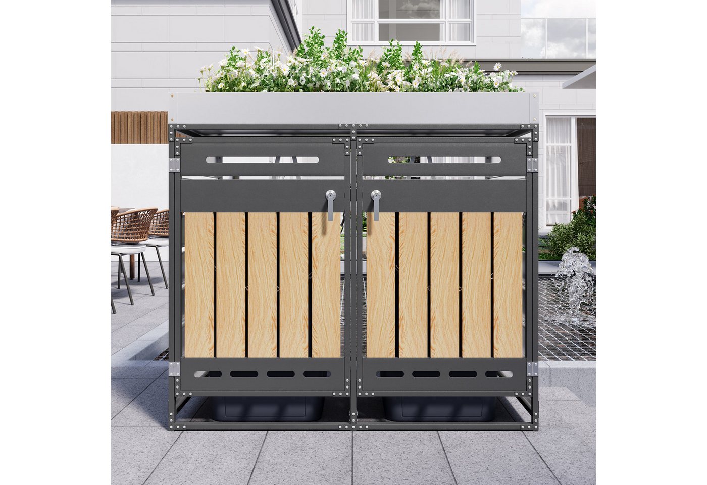 Merax Mülltonnenbox Abschließbar mit Pflanzkasten & vertikaler Holzmaserung für 2 Tonnen (Wetterfester Garten Aufbewahrungsschrank für Außenbereich, 1 St), 2 Fächer Mülltonnenverkleidung mit Belüftungsschlitzen, Metall Bild 2