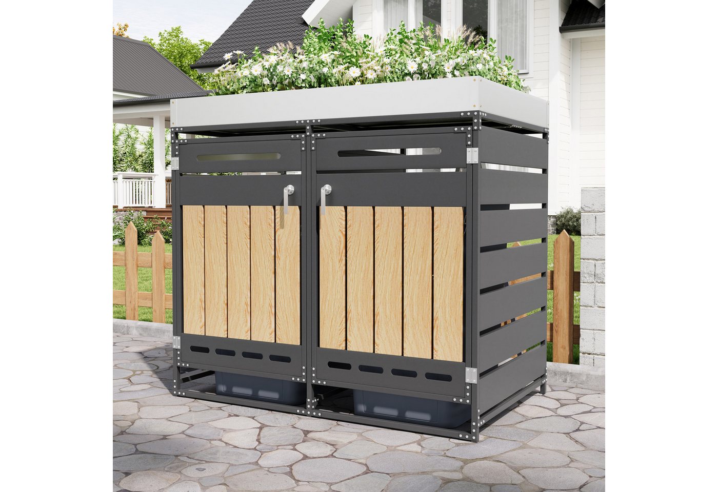 Merax Mülltonnenbox Abschließbar mit Pflanzkasten & vertikaler Holzmaserung für 2 Tonnen (Wetterfester Garten Aufbewahrungsschrank für Außenbereich, 1 St), 2 Fächer Mülltonnenverkleidung mit Belüftungsschlitzen, Metall Bild 3