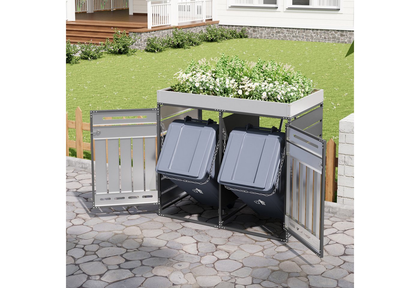 Merax Mülltonnenbox Abschließbar mit Pflanzkasten & vertikaler Holzmaserung für 2 Tonnen (Wetterfester Garten Aufbewahrungsschrank für Außenbereich, 1 St), 2 Fächer Mülltonnenverkleidung mit Belüftungsschlitzen, Metall Bild 4