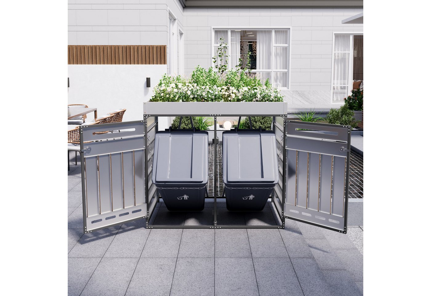 Merax Mülltonnenbox Abschließbar mit Pflanzkasten & vertikaler Holzmaserung für 2 Tonnen (Wetterfester Garten Aufbewahrungsschrank für Außenbereich, 1 St), 2 Fächer Mülltonnenverkleidung mit Belüftungsschlitzen, Metall Bild 5