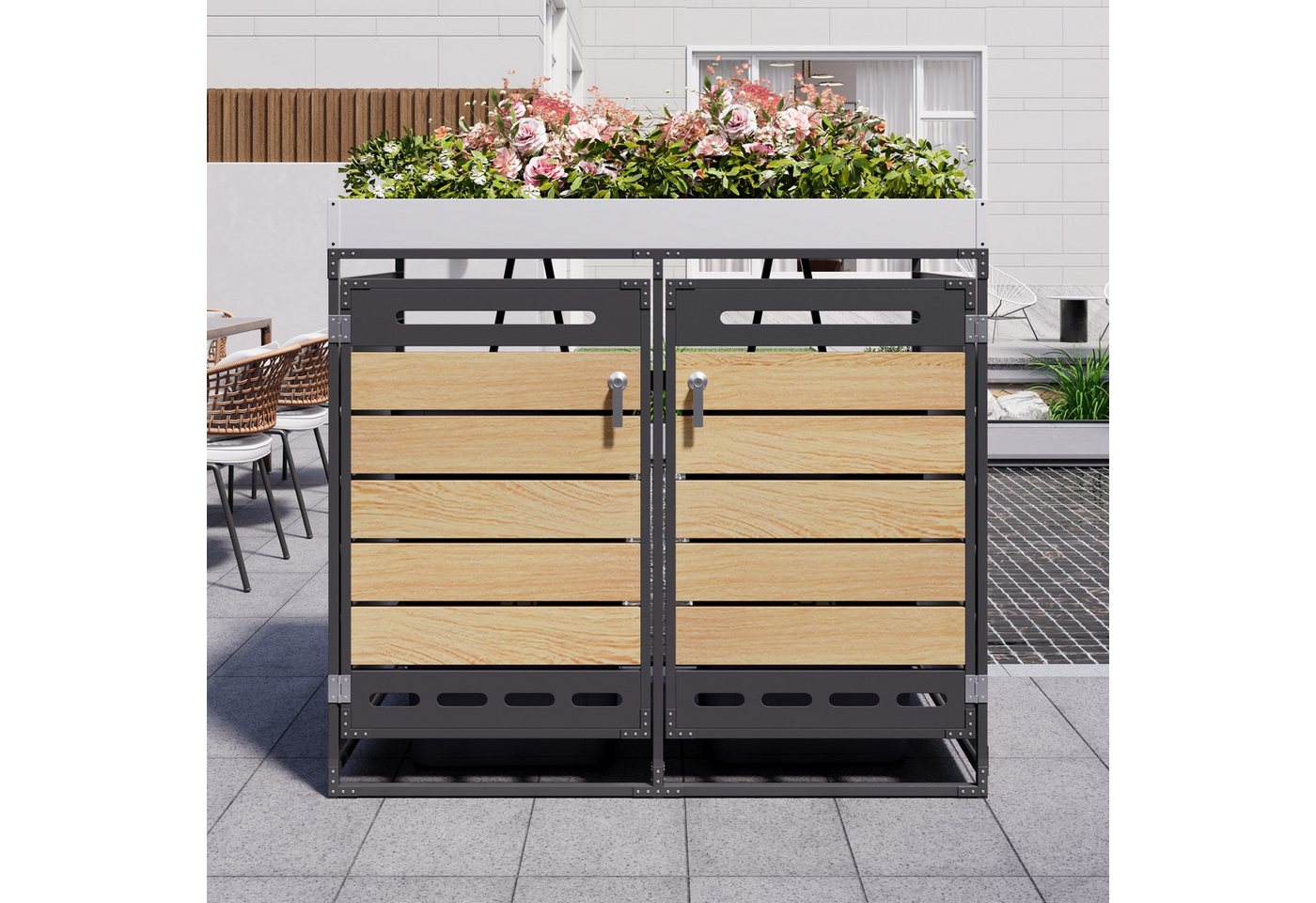 Merax Mülltonnenbox abschließbar mit Pflanzkasten und Lüftungsschlitzen (1 St), 2 Fächer Mülltonnenverkleidung mit Holzoptik Türen & Lüftungsöffnungen Bild 3