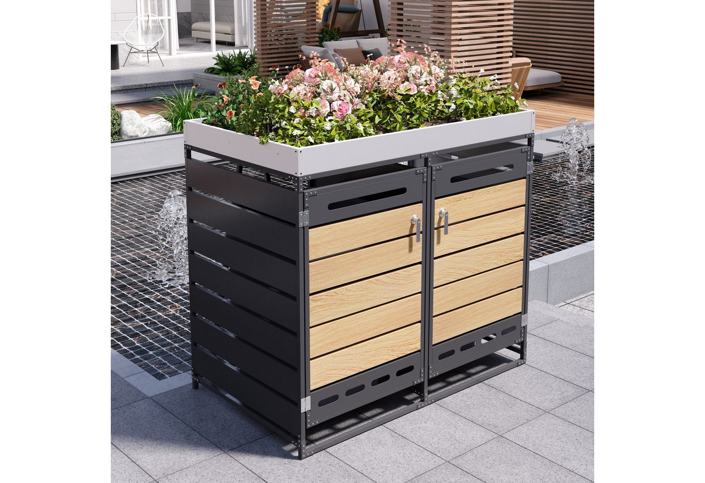 Merax Mülltonnenbox abschließbar mit Pflanzkasten und Lüftungsschlitzen (1 St), 2 Fächer Mülltonnenverkleidung mit Holzoptik Türen & Lüftungsöffnungen Bild 4