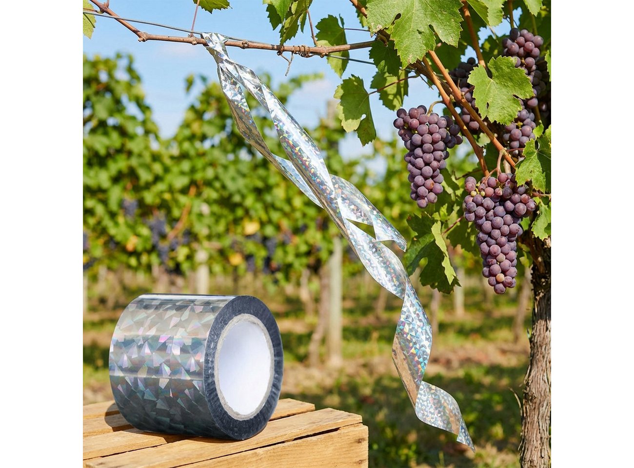 shop'n smile ideoon Vogel-Schreck Vogelschutzband Reflektierend 45mx5cm Vogelabwehr durch Lichtreflexion, 1-tlg., 1er-Set & 2er-Set, Abwehrstreifen für Garten & Balkon, UV-beständiges Material Bild 2