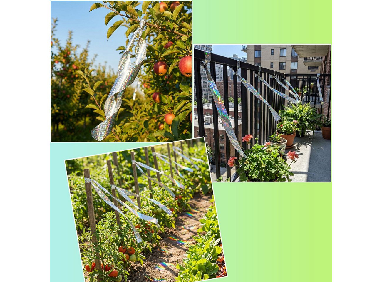 shop'n smile ideoon Vogel-Schreck Vogelschutzband Reflektierend 45mx5cm Vogelabwehr durch Lichtreflexion, 1-tlg., 1er-Set & 2er-Set, Abwehrstreifen für Garten & Balkon, UV-beständiges Material Bild 3
