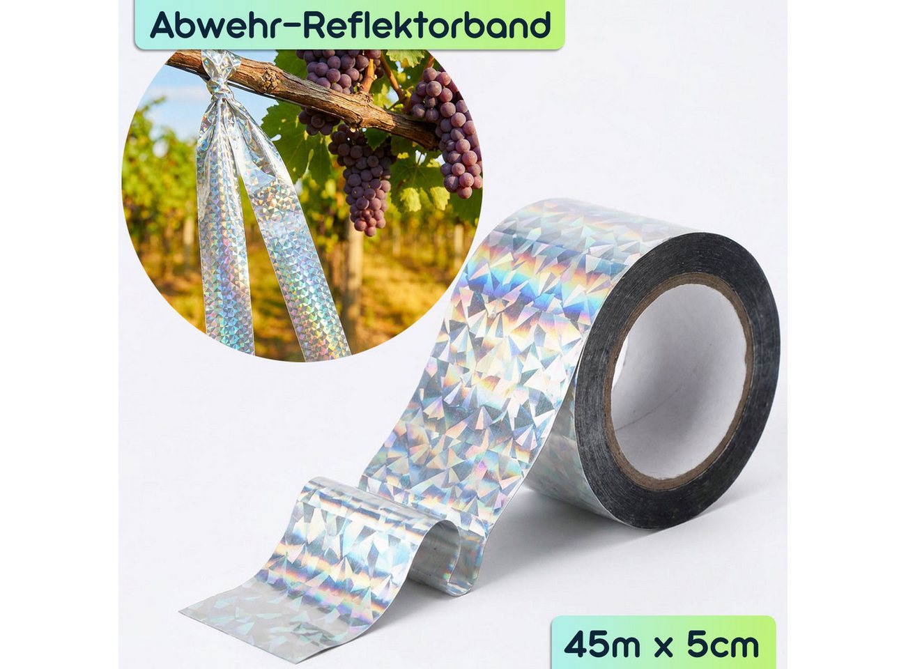 shop'n smile ideoon Vogel-Schreck Vogelschutzband Reflektierend 45mx5cm Vogelabwehr durch Lichtreflexion, 2-tlg., 1er-Set & 2er-Set, Abwehrstreifen für Garten & Balkon, UV-beständiges Material