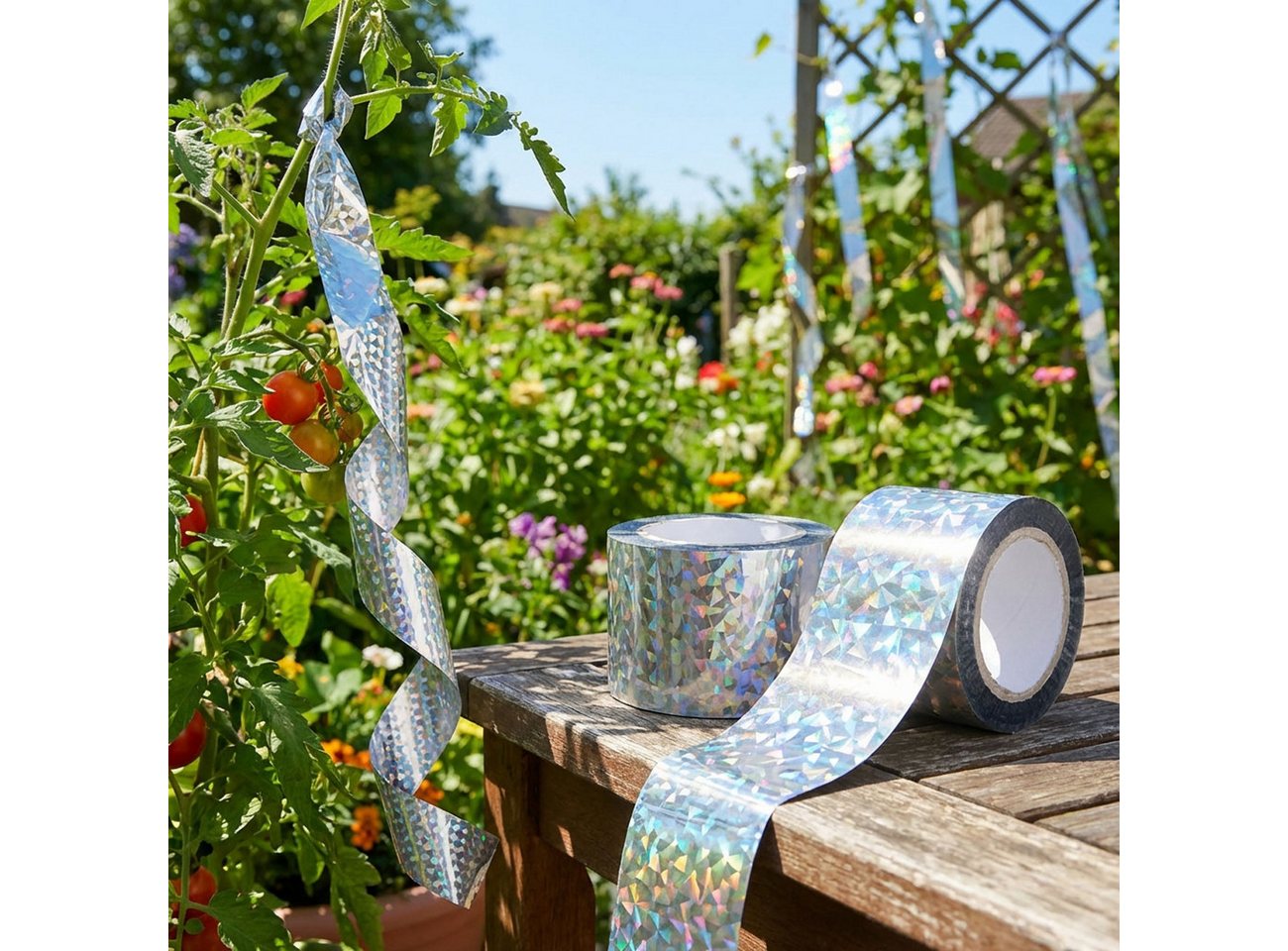 shop'n smile ideoon Vogel-Schreck Vogelschutzband Reflektierend 45mx5cm Vogelabwehr durch Lichtreflexion, 2-tlg., 1er-Set & 2er-Set, Abwehrstreifen für Garten & Balkon, UV-beständiges Material Bild 3