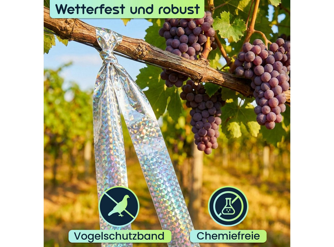 shop'n smile ideoon Vogel-Schreck Vogelschutzband Reflektierend 45mx5cm Vogelabwehr durch Lichtreflexion, 2-tlg., 1er-Set & 2er-Set, Abwehrstreifen für Garten & Balkon, UV-beständiges Material Bild 5