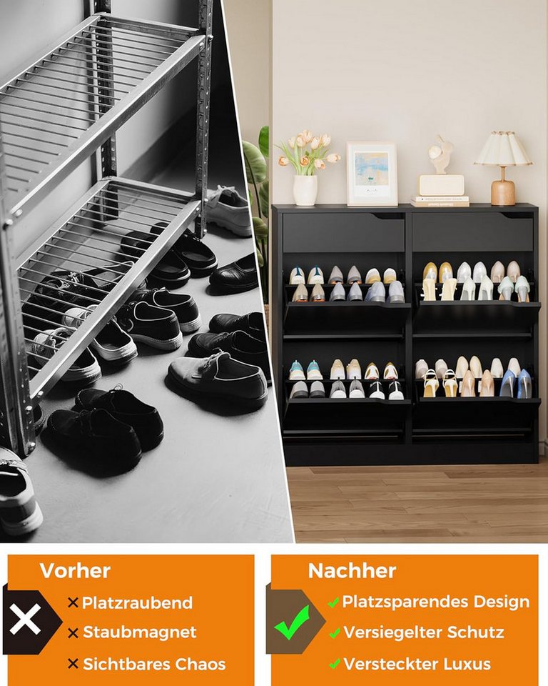 Luckice Garderobenschrank Schuhschrank, Schuhkipper, verstellbare Trennwände, Schmal​ (Set, 1-St., Flur & Eingang, modernes Design mit verstellbaren Regalen) 4 aufklappbare Schubladen, verstellbare Regale, Anti-Kippschutz Bild 2