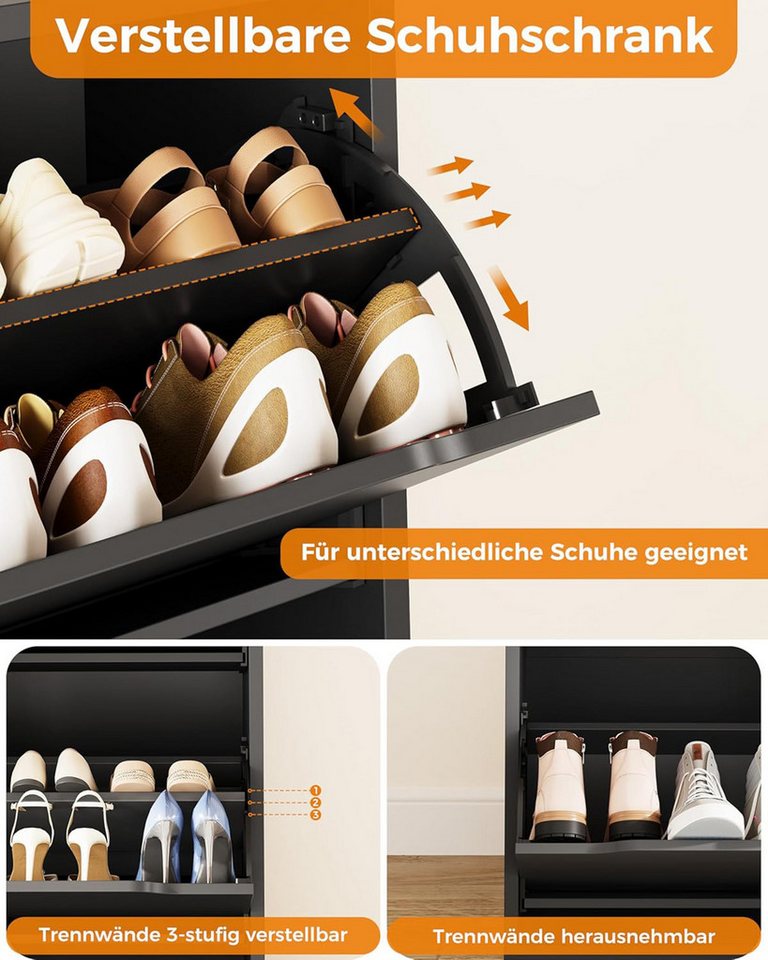 Luckice Garderobenschrank Schuhschrank, Schuhkipper, verstellbare Trennwände, Schmal​ (Set, 1-St., Flur & Eingang, modernes Design mit verstellbaren Regalen) 4 aufklappbare Schubladen, verstellbare Regale, Anti-Kippschutz Bild 4