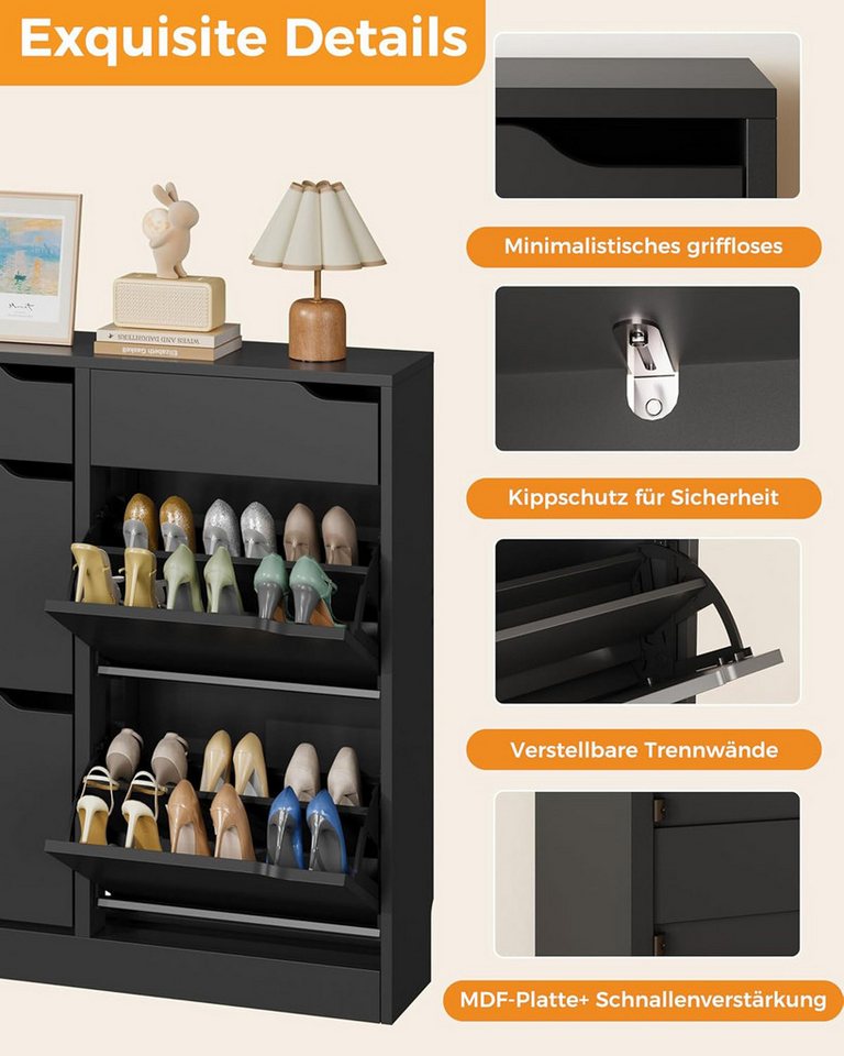 Luckice Garderobenschrank Schuhschrank, Schuhkipper, verstellbare Trennwände, Schmal​ (Set, 1-St., Flur & Eingang, modernes Design mit verstellbaren Regalen) 4 aufklappbare Schubladen, verstellbare Regale, Anti-Kippschutz Bild 5