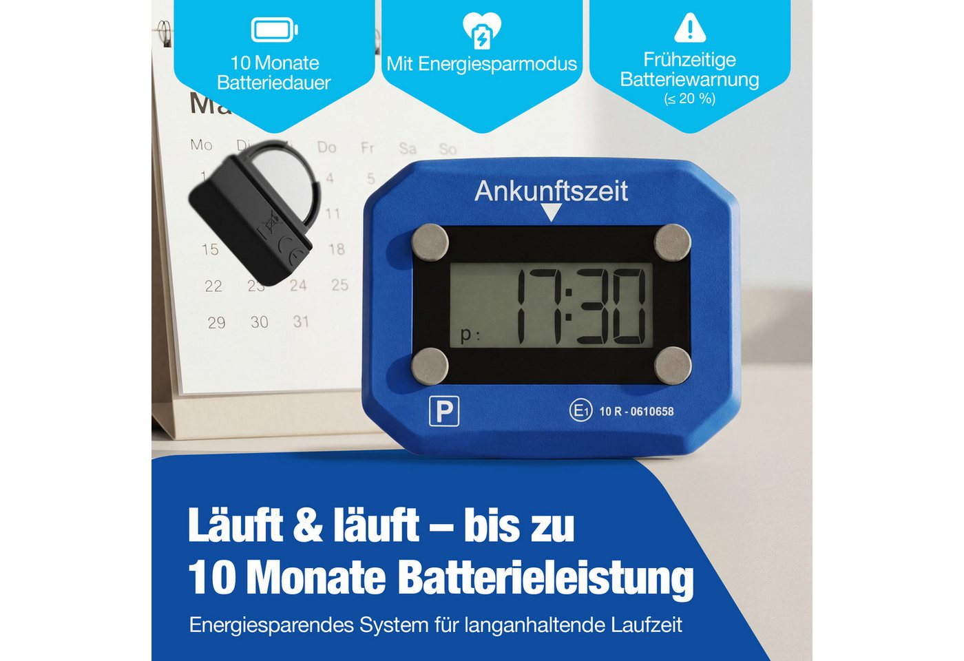 NTG Nutzfahrzeug Technik GmbH elektronische Parkscheibe E1 mit KBA-Zulassung für DE, automatische Parkscheibe (Automatik-Erkennung, Digitale Zeitanzeige)