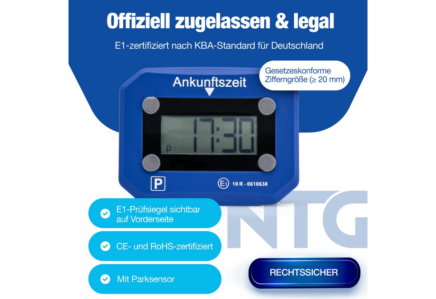 NTG Nutzfahrzeug Technik GmbH elektronische Parkscheibe E1 mit KBA-Zulassung für DE, automatische Parkscheibe (Automatik-Erkennung, Digitale Zeitanzeige) Bild 5