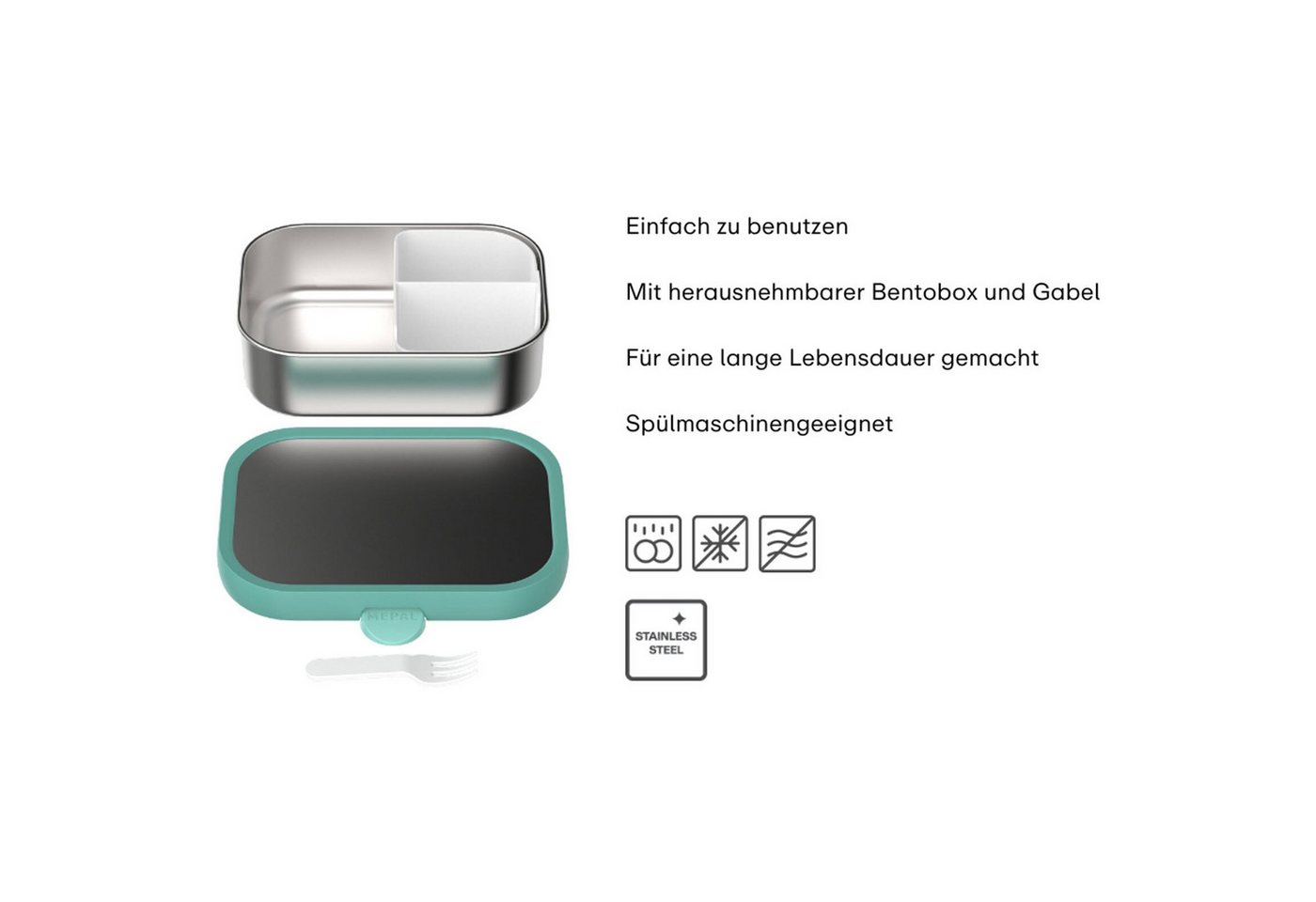 Mepal Lunchbox Campus Edelstahl-Brotdose mit Gabel 18 x 13 cm, Edelstahl/Kunststoff, (1-tlg), Spülmaschinenfest Bild 4