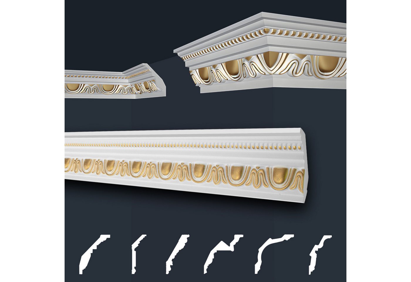 marbet design Stuckleiste B-24 gold, Max Paket (bester Meterpreis), Deckenleisten Sparpaket aus Styropor EPS - Stuckleisten gemustert gold-weiß, leicht im traditionellen Design - 24 Stück / 48 Meter