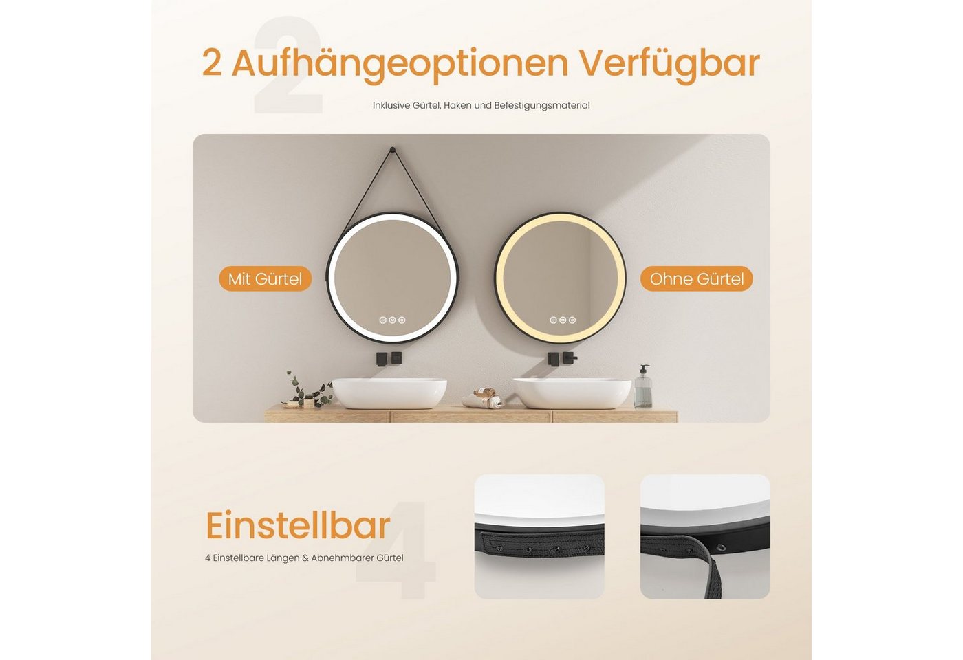 EMKE Badspiegel mit Beleuchtung Rund Badezimmerspiegel schwarzem Rahmen (50-80cm, Touchschalter), 3 Lichtfarben, dimmbar, Touch, Memory, mit Antibeschlag, IP44