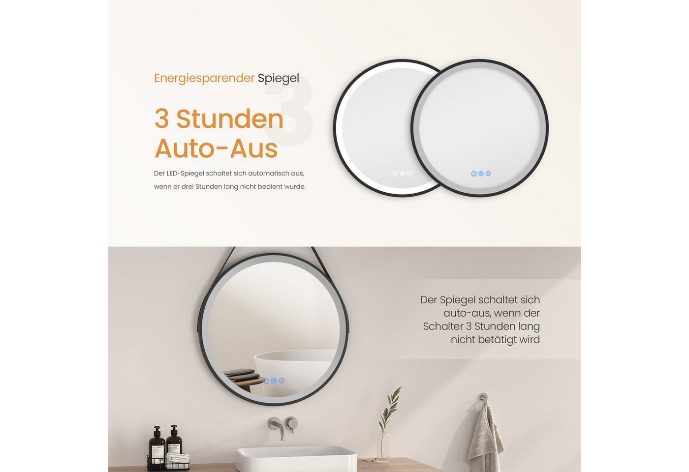 EMKE Badspiegel mit Beleuchtung Rund Badezimmerspiegel schwarzem Rahmen (50-80cm, Touchschalter), 3 Lichtfarben, dimmbar, Touch, Memory, mit Antibeschlag, IP44 Bild 2