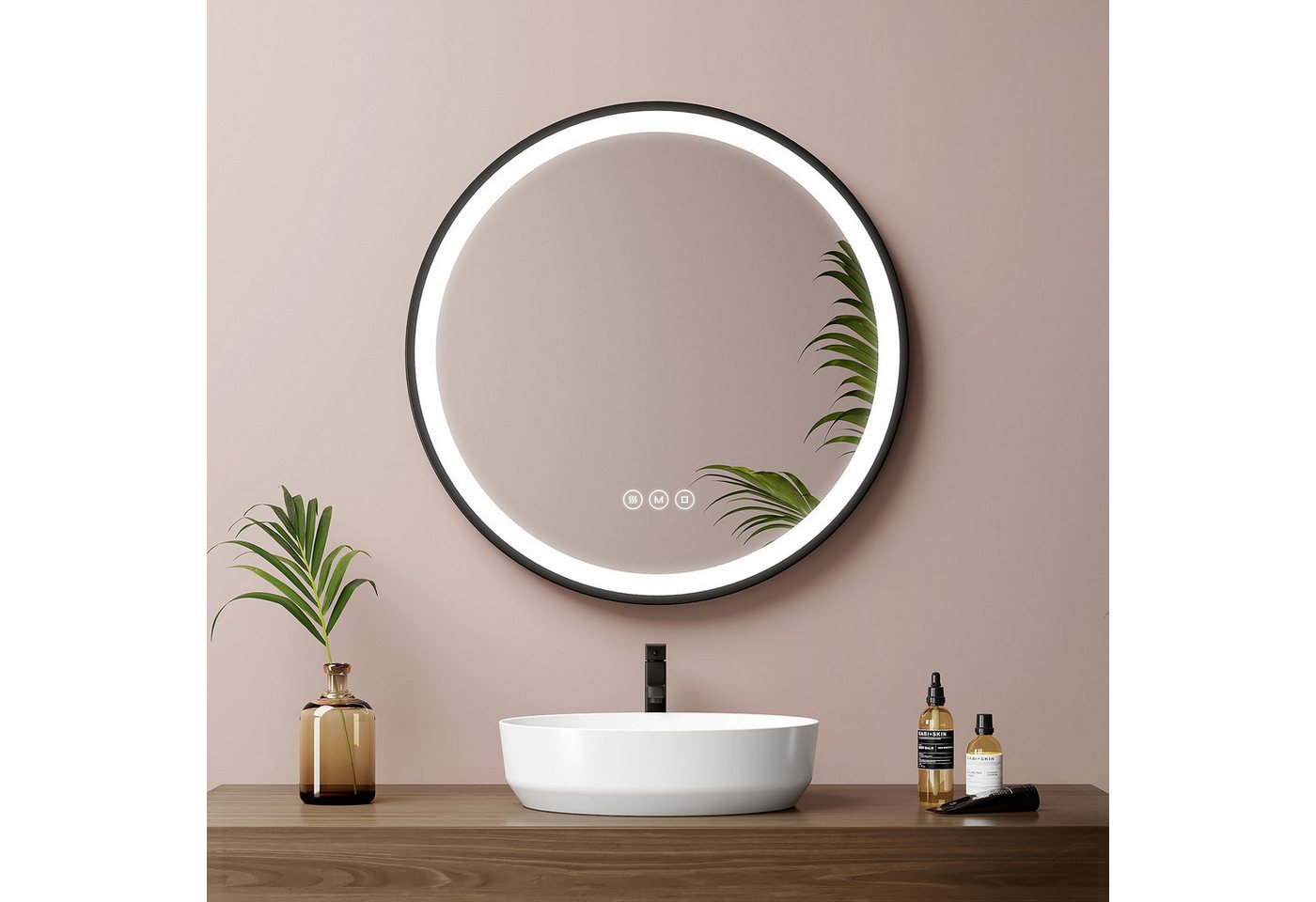 EMKE Badspiegel mit Beleuchtung Rund Badezimmerspiegel schwarzem Rahmen (50-80cm, Touchschalter), 3 Lichtfarben, dimmbar, Touch, Memory, mit Antibeschlag, IP44 Bild 3