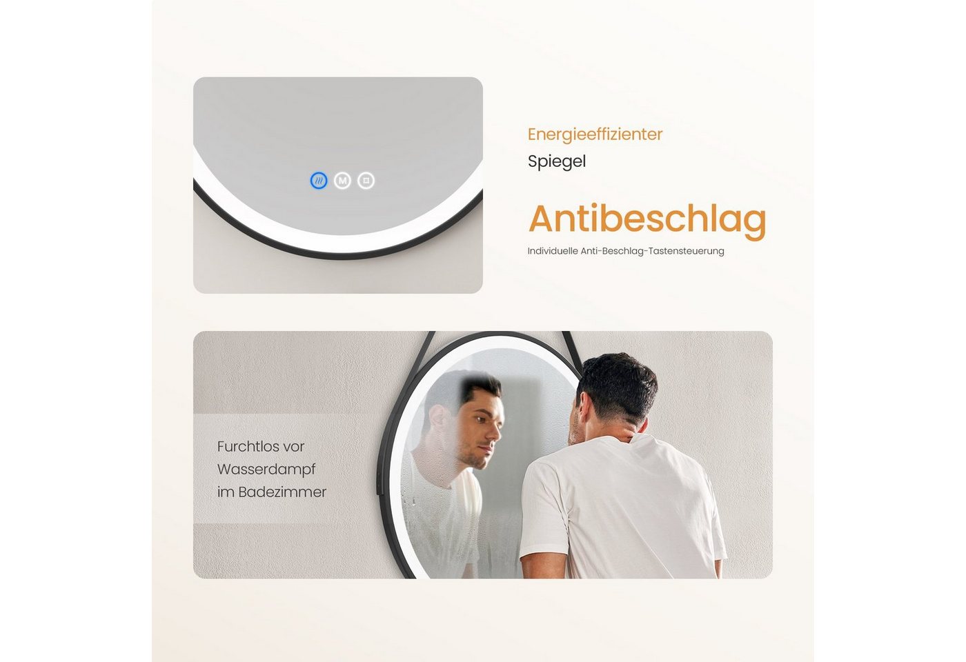 EMKE Badspiegel mit Beleuchtung Rund Badezimmerspiegel schwarzem Rahmen (50-80cm, Touchschalter), 3 Lichtfarben, dimmbar, Touch, Memory, mit Antibeschlag, IP44 Bild 4