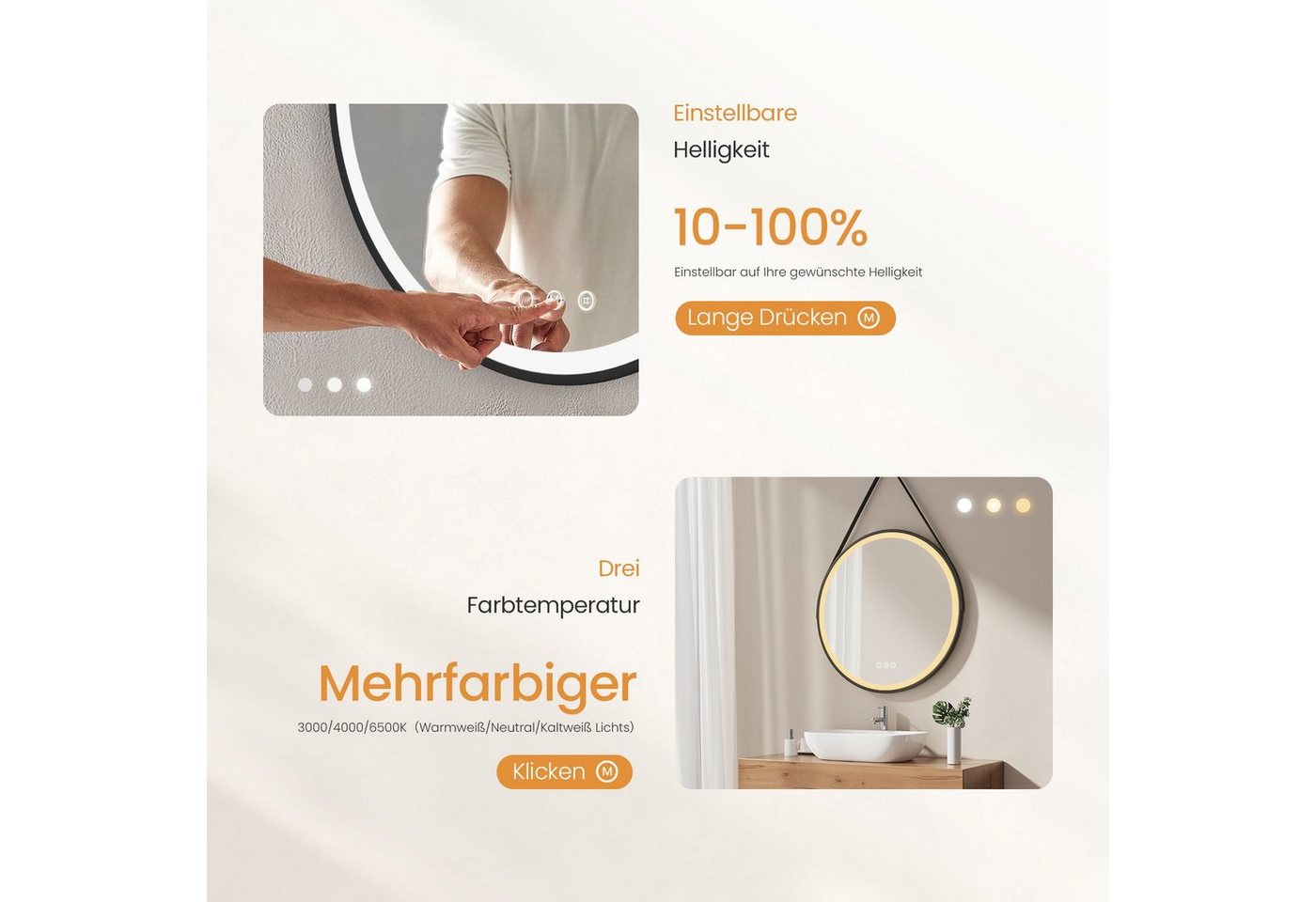 EMKE Badspiegel mit Beleuchtung Rund Badezimmerspiegel schwarzem Rahmen (50-80cm, Touchschalter), 3 Lichtfarben, dimmbar, Touch, Memory, mit Antibeschlag, IP44 Bild 5