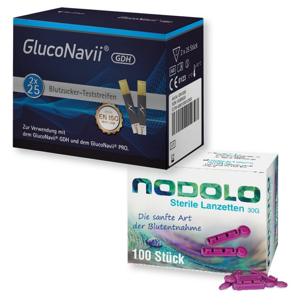 SD GLUCO NAVII Blutzucker-Teststreifen Pro, und 100 Nodolo Lanzetten, 50-tlg.