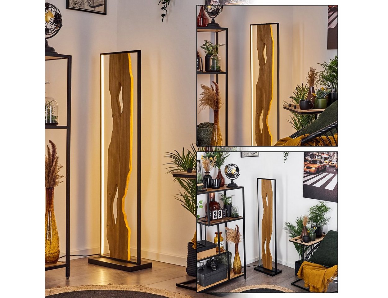 hofstein Stehlampe »Azeglio« Stehlampe aus Metall/Holz/Kunststoff in Schwarz/Natur/Weiß, 3000 Kelvin, Bodenlampe m. Fußschalter u. Lichteffekt, 2300 Lumen