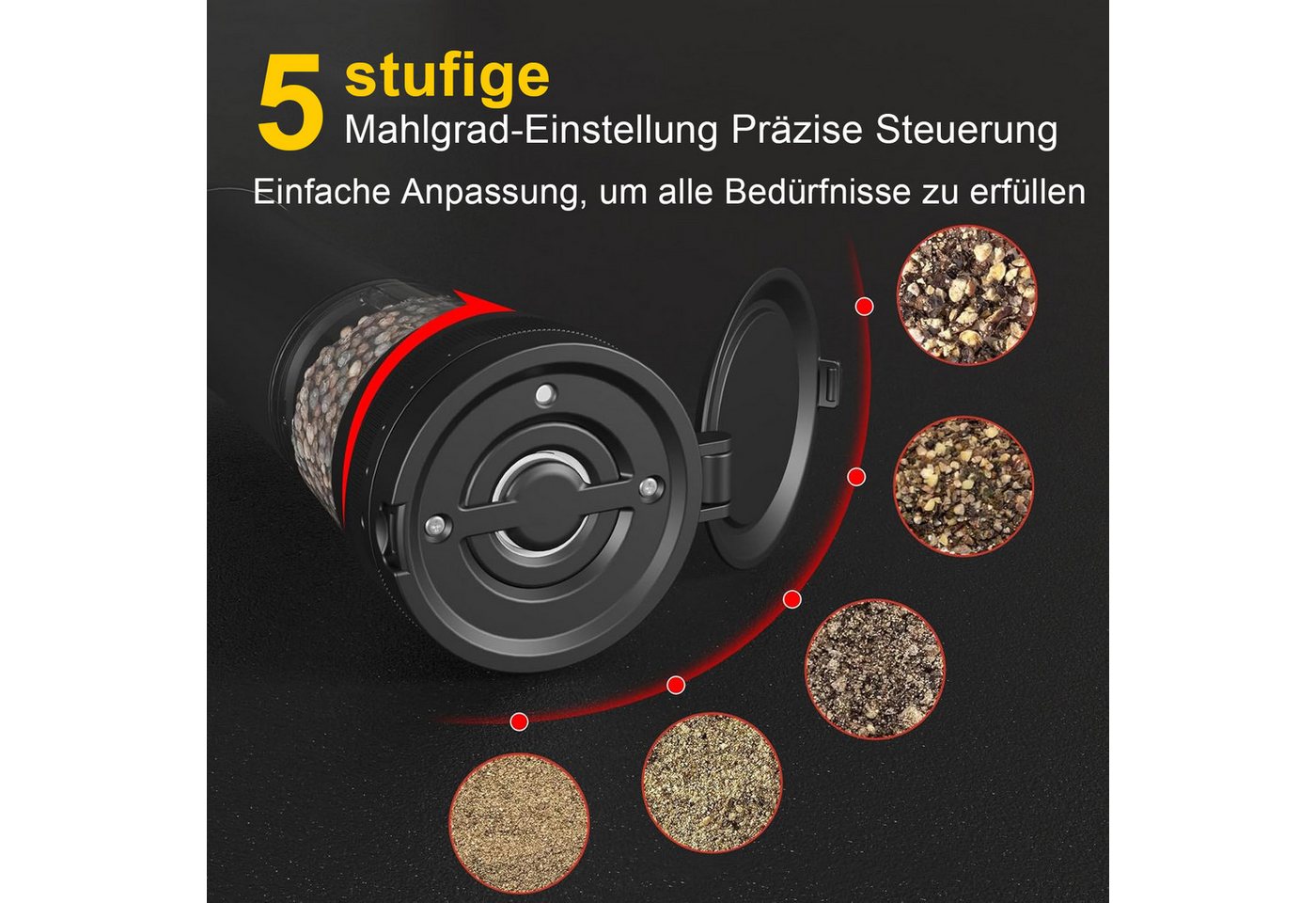 ibettertec Salz-/Pfeffermühle Salz und Pfeffermühle Salzmühle 2er Set Elektrisch USB Aufladbar (Wiederaufladbar, LED Beleuchtung, mit einstellbarem Keramikmahlwerk, Reinigungsbürste Bürste), für BBQ, Restaurant, Küche Bild 3